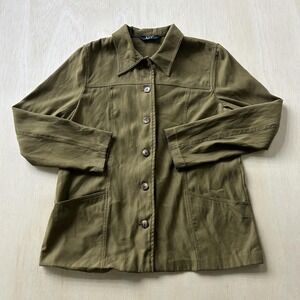 Vintage D.P.S. Jacket Womens Petites Med Green Twill Button Unlined Mid Length